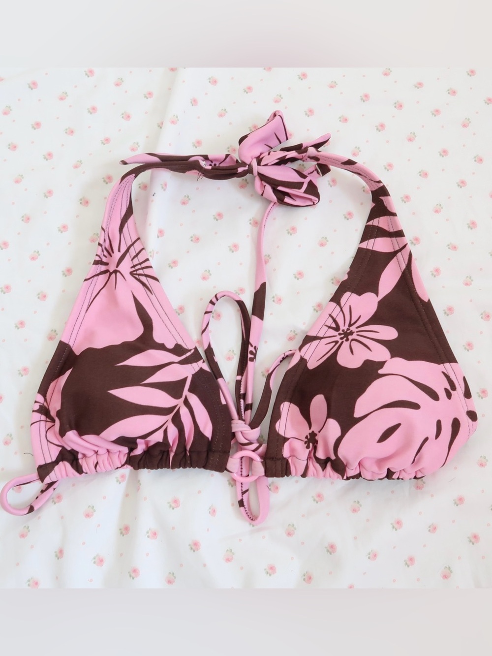 GLO jeans Pink & Brown Floral Halter Bikini Top